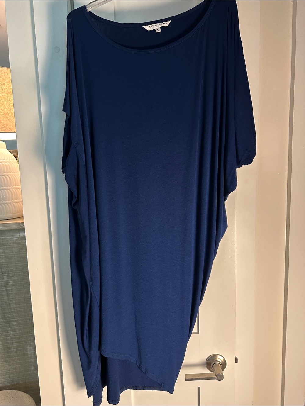 TRINA TURK Asymmetrical Tee Shirt Dress Navy Blue SIZE LARGE EUC LIKE NEW
